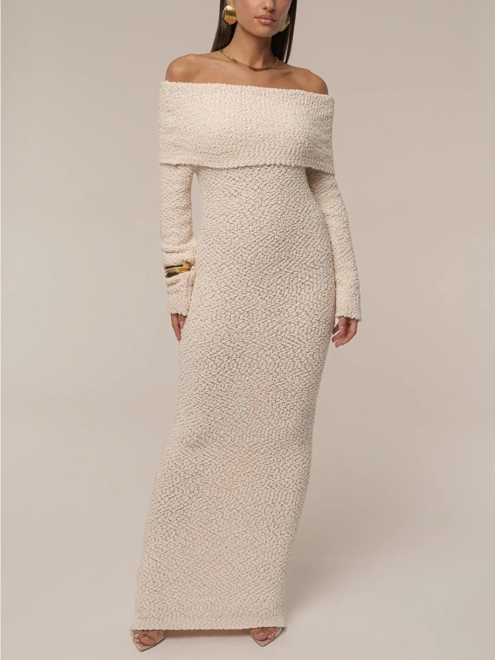 JLUXLABEL Off-Shoulder Cream Maxi Knit Dress - Picture 4 of 14